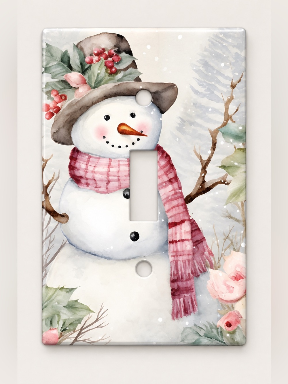 Watercolor Snowman Pink Scarf Christmas Toggle Light Switch Cover Plate